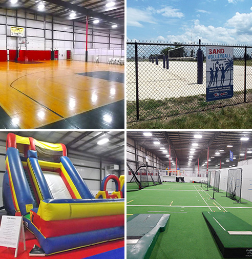 Images of Field Sports basketball court, sand volleyball court, inflatable, and indoor batting cages
